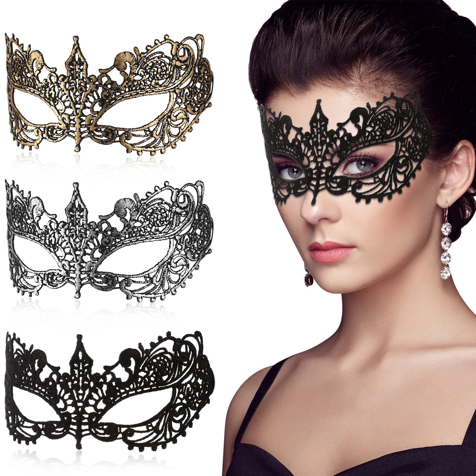 PATPAT 3Pcs Masquerade Masks Lace Eye Mask, Women Halloween Mask Lady Girl Party Mask for Party Masquerade Costume Halloween (Black+Gold+Silver) PATPAT 3Pcs Masquerade Masks Lace Eye Mask, Women Halloween Mask Lady Girl Party Mask for Party Masquerade Costume Halloween (Black+Gold+Silver)